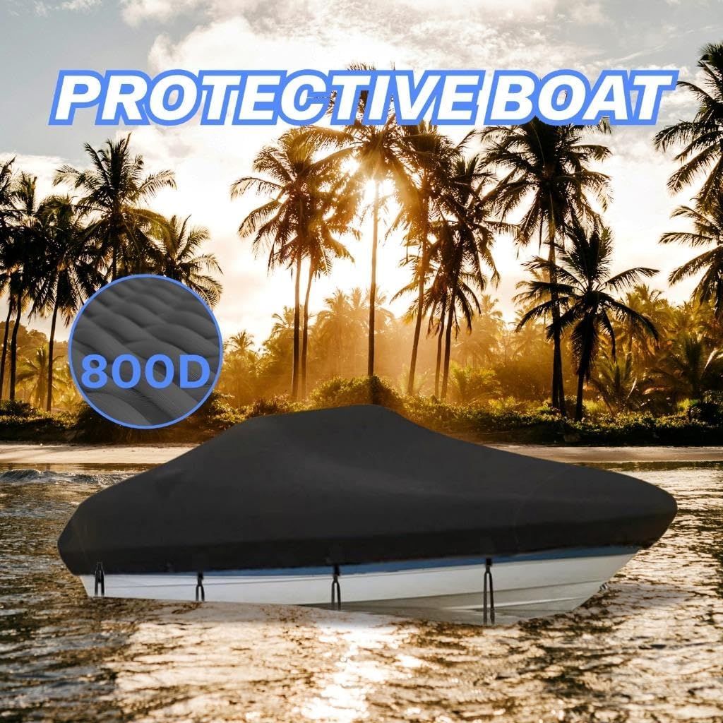Boat Covers 16-18.5ft, Heavy Duty 800D PU Waterproof Trailerable Marine Grade Polyester Canvas, UV Resistant Bass Boat Covers, Fits V-Hull Tri-Hull Fish&Ski Boat, Runabout with Tightening Strap