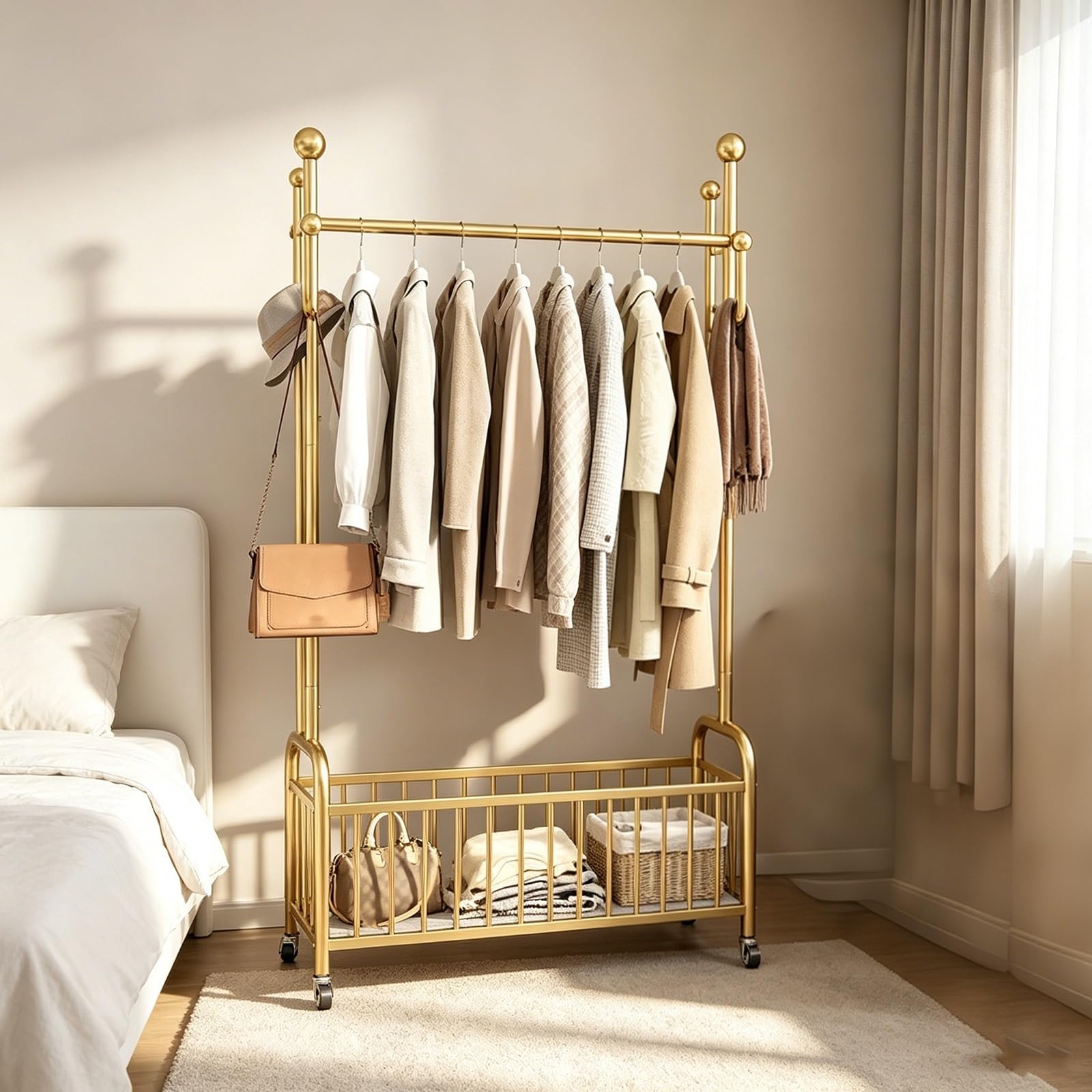 Qxgylz Rolling Garment Rack with Storage Basket, Freestanding Clothes Rack with Cactus Hooks
