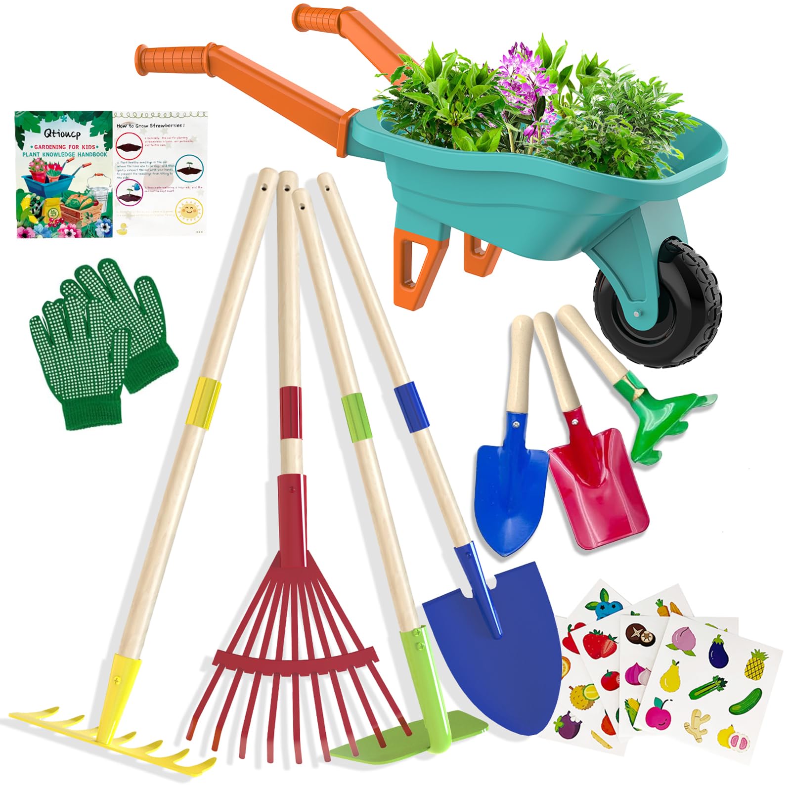 Qtioucp Kids Gardening Tools Outdoor Toys Set Backyard Play with Wheelbarrow Educational STEM Learning Pretend Toys Outdoor Indoor for Toddlers Kids Boys Girls