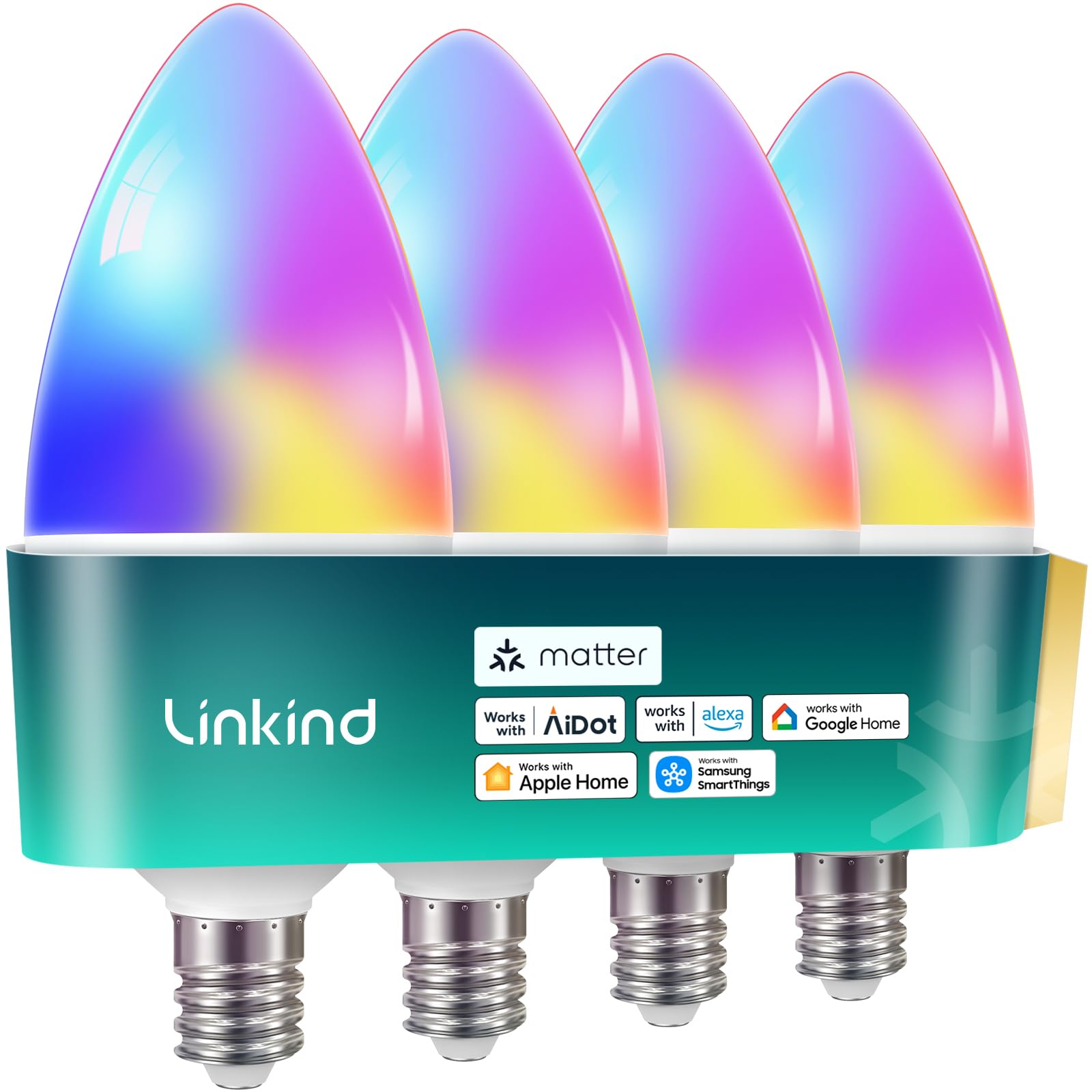 Linkind Matter Smart Bulbs, E12 Led Bulb Works with Alexa/Apple Home/Google Home, Smart Light Bulbs, WiFi Candelabra B11 Bulbs, RGBTW Color Changing Light Bulb, 2.4Ghz WiFi Bulb, 470 LM 4 Pack