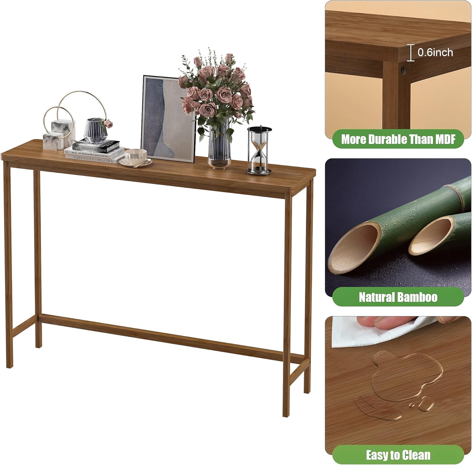 VASMIA Console Table, Entryway Table, Narrow Sofa Table, 39" Bamboo Hallway Table for Entryway, Living Room, Bedroom, Foyer, Walnut
