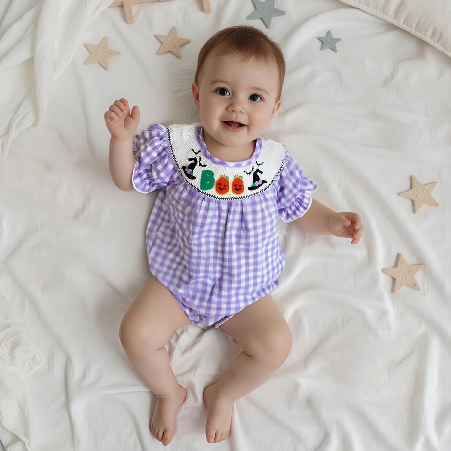 My First Halloween Baby Girl Outfit Newborn Pumpkin Patch Romper Short Sleeve Doll Collar Smocked Plaid Bubble Romper - Image 5