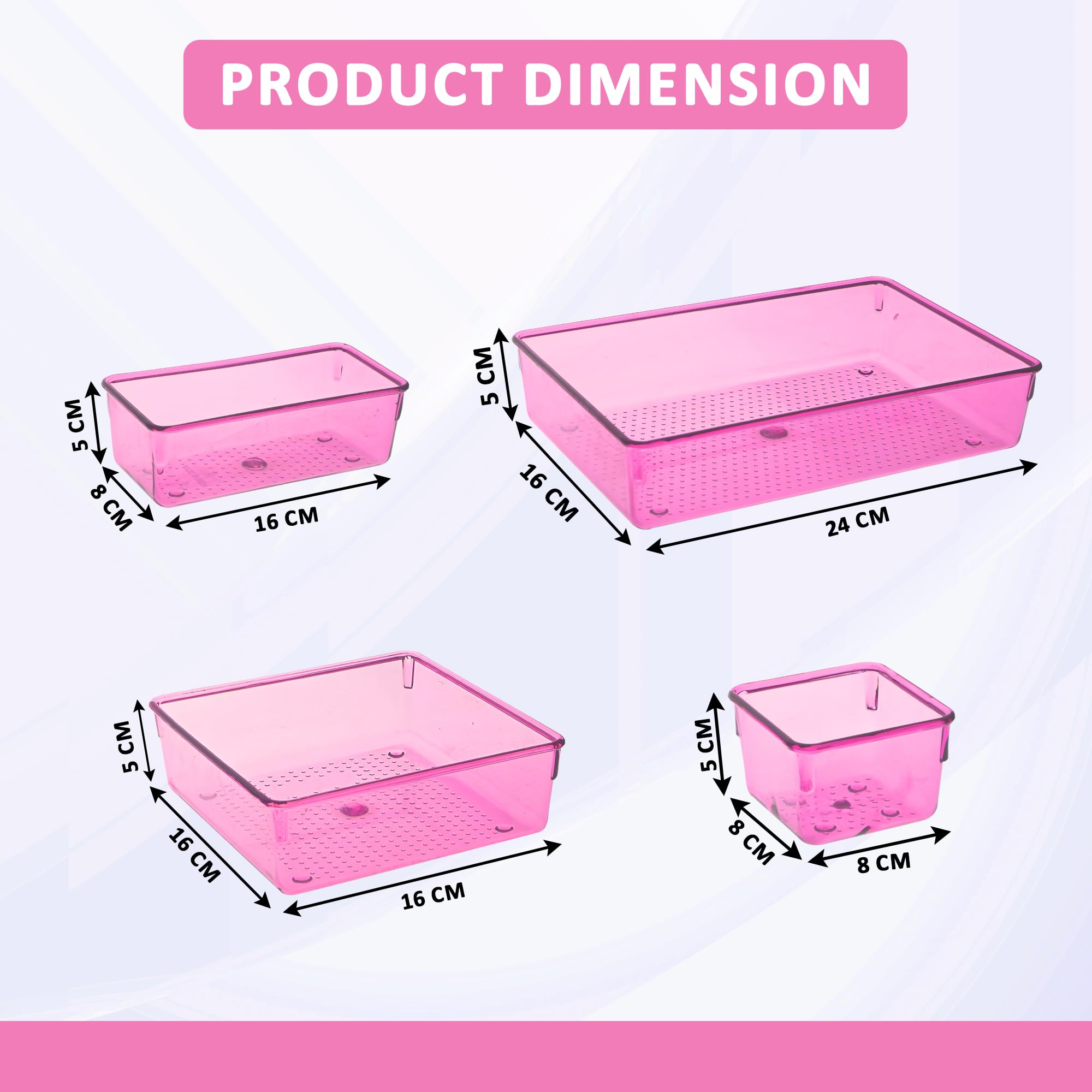 Kuber Industries Set di 7 vassoi trasparenti per cosmetici, organizer per cassetti, per cucina, ufficio e bagno, per trucchi, cancelleria, colore: rosa