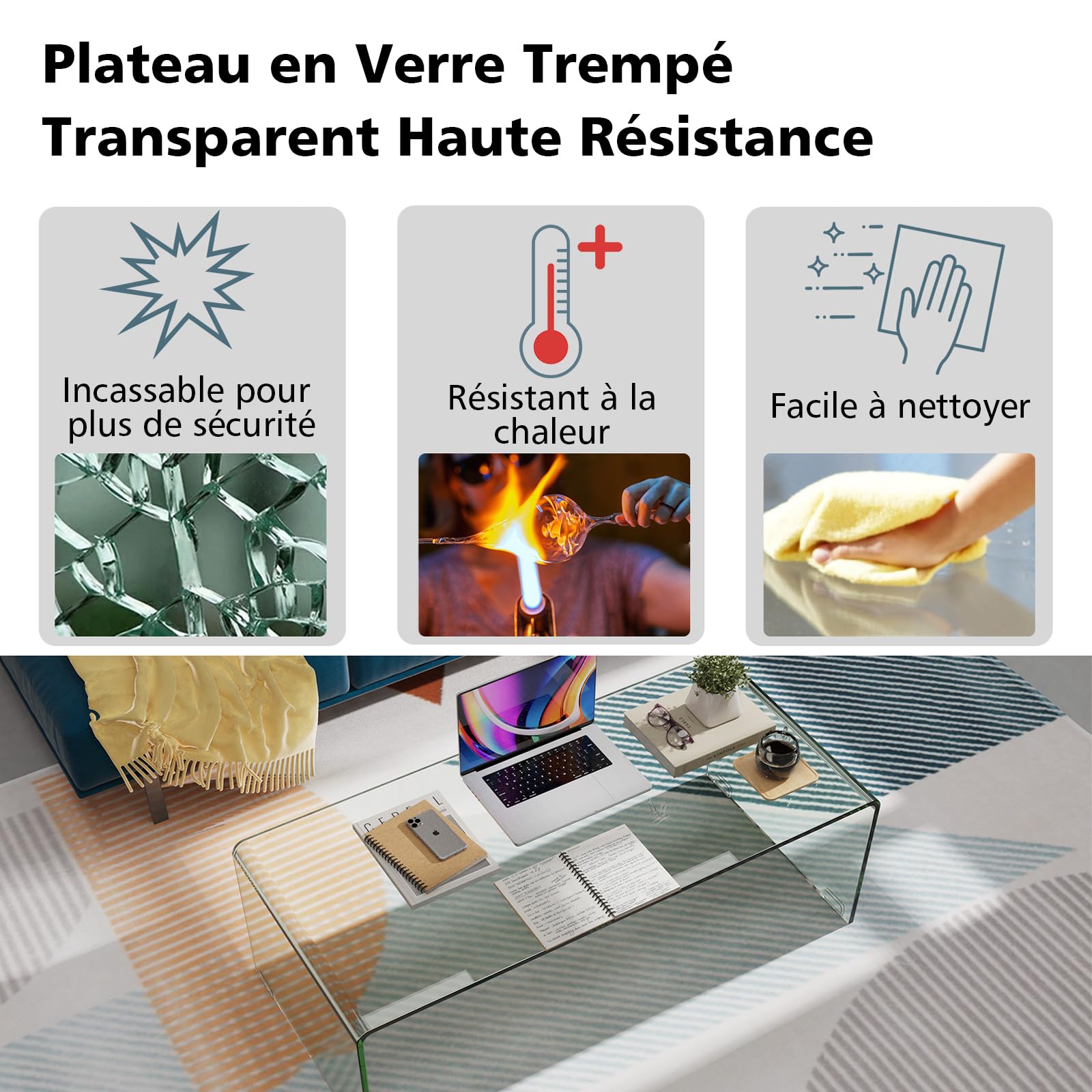 COSTWAY Table Basse/ d’Appoint en Verre Trempé Rectangulaire Forme de U avec Bords Arrondis Lisses, Table Basse Transparente Simple & Moderne pour Salon, Bureau, Hôtel