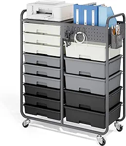 Rolling Storage Cart with Drawers, Storage Organizer Cart with Wheels and Wooden Tabletop,Utility Cart for Living Room, Classroom, Bedroom,Bathroom,Dorm,Office (Grey)