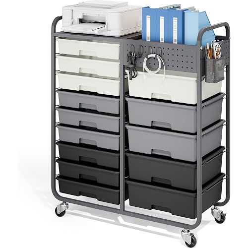 14 Drawer Rolling Storage Cart with Tabletop and Pegboard for Crafts Grey