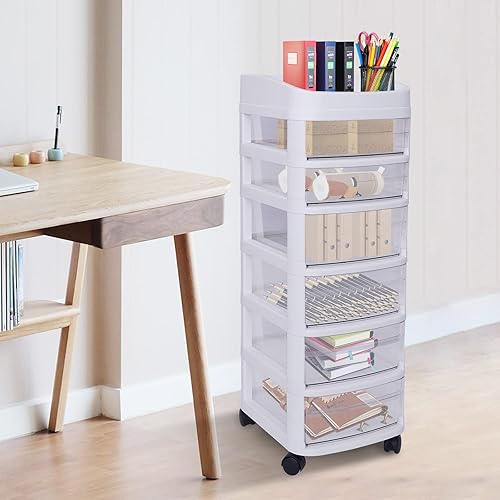 Miniatura 8 de Carrito de almacenamiento con ruedas de 6 cajones color blanco transparente carrito de utilidad móvil carrito organizador de almacenamiento