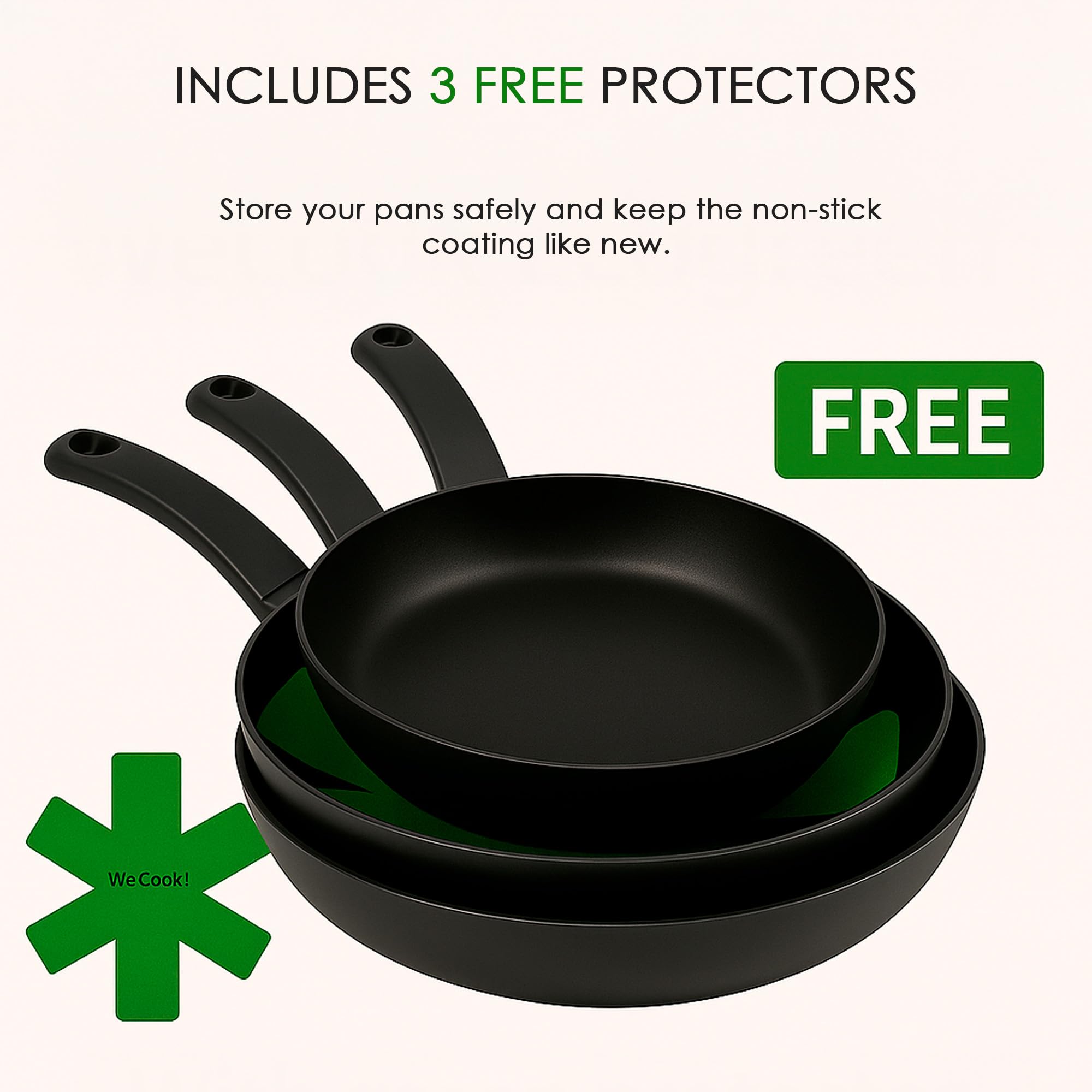 Wecook! Ecogreen Juego de Sartenes Antiadherentes Set de 3 sartenes 20-24-28 cm de Aluminio Prensado – Apta para todas las cocinas Inducción, Gas y Vitrocerámica, libre PFOA, Mango Soft Touch, Negro