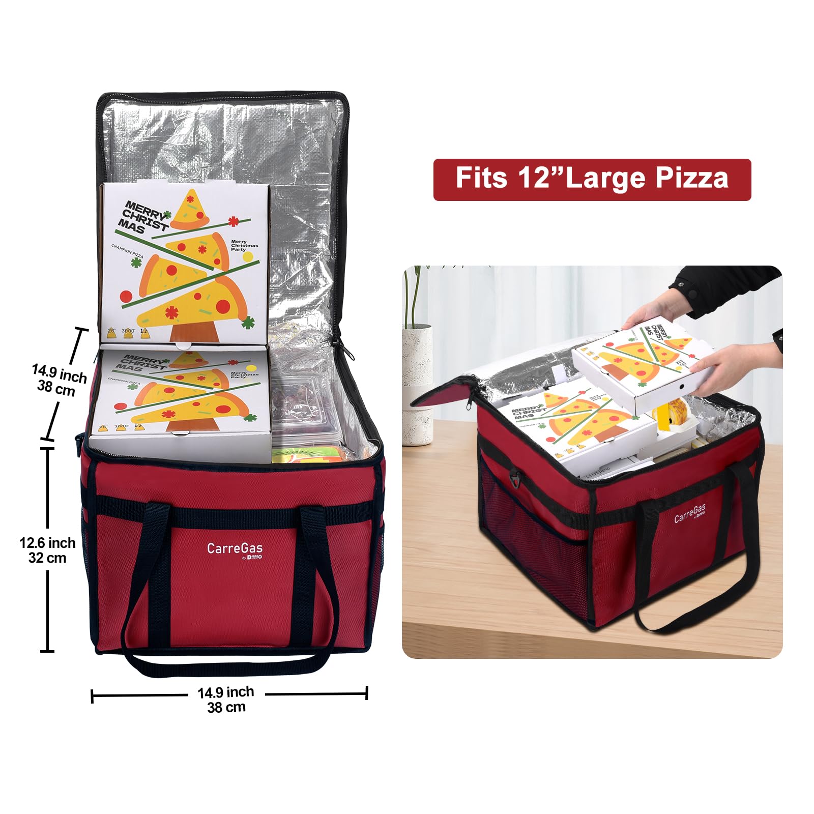 Isoliertasche für heiße Speisen, hochwertig, groß, 38 x 38 x 32 cm, geeignet für kalte und warme Speisen, Pizza, Restaurant, indische chinesische Lieferung, Picknick, Thermotasche mit