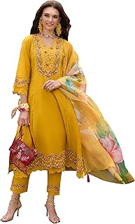 INDO ERA Womens Mustard Embroidered A-Line Kurta Trousers With Dupatta Set Price In India