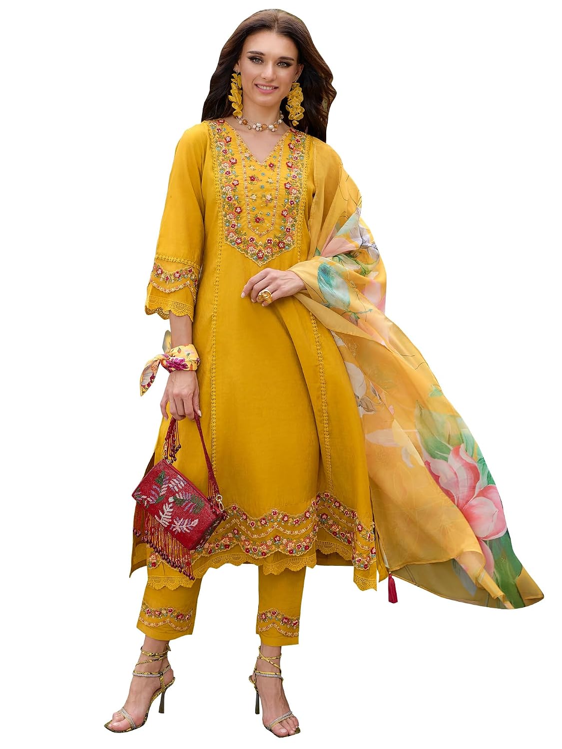 INDO ERA Womens Mustard Embroidered A-Line Kurta Trousers With Dupatta Set - Review, Price and Buying Guide