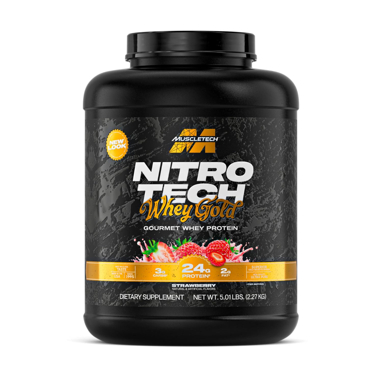 Muscletech Nitro Tech Whey Gold with Peptides & Isolate Primary Source Support Recovery Gluten Free - 24gm Protein, 5.4gm BCAAs & 4gm Glutamine & Precursor, Strawberry Shortcake Flavor, 5.00 lbs