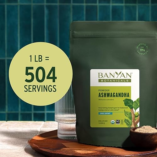 Vista 3 de Polvo de ashwagandha de Banyan Botanicals, planta adaptogénica orgánica de medicina ayurvédica que promueve la vitalidad y la fuerza. ¡Para una