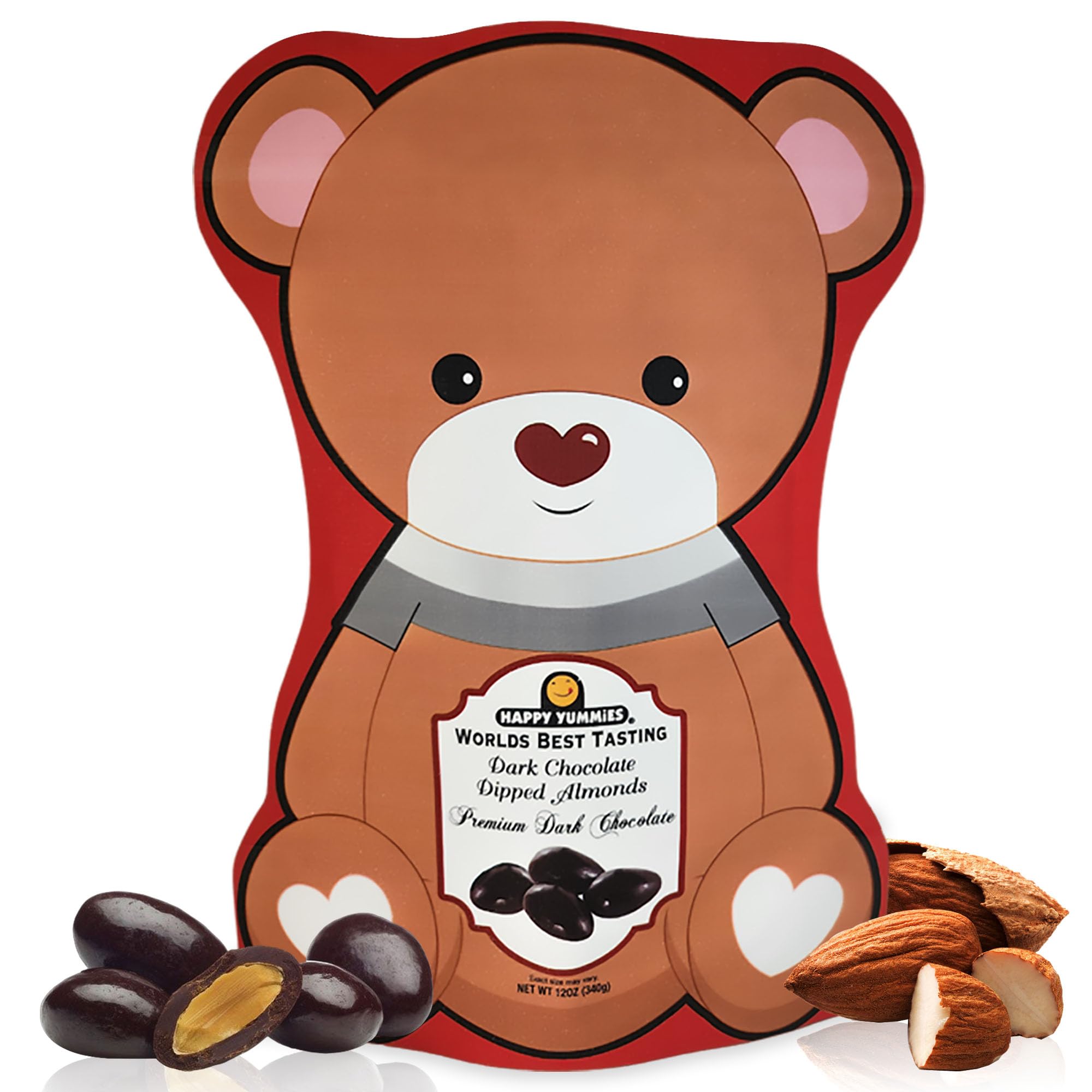 Dark Chocolate Covered Almonds, 12oz by The Happy Gummy – Premium Chocolate Candy, Artisanal Candy with Nuts, Small Batch Dipped Almonds, in Resealable Bear Bag, Valentines Candy, White Elephant Gifts