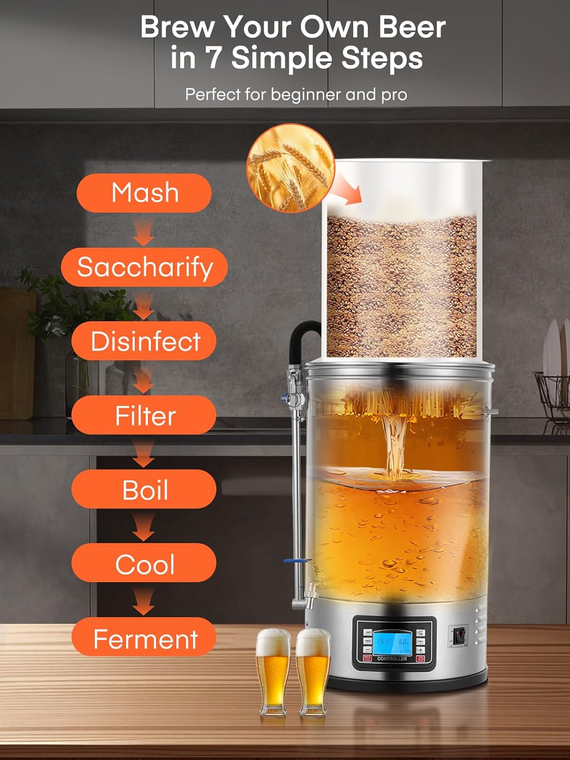 FOHERE Electric Brewing System, 9.2 Gal / 35 L Brewing Pot, All-in-One Home Beer Brewer, Stainless Steel Mash & Boil Device with 7-Step Programmable Mashing Process, 10 Recipe Memory (Silver)