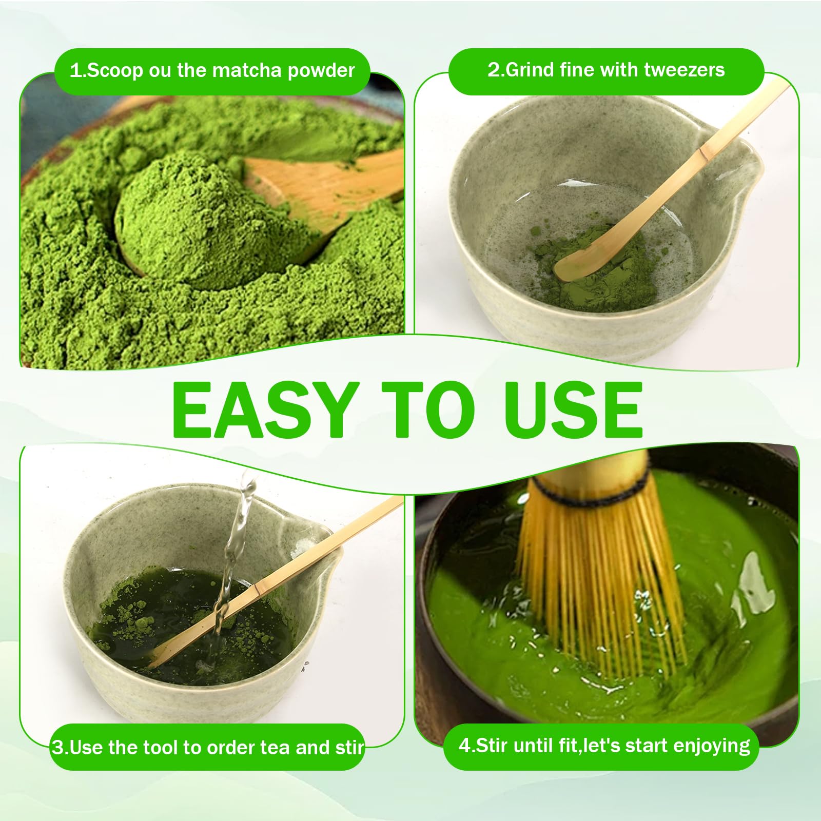 Matcha Set: 4 Stück Matcha Tee Set, Keramik Matcha Besen Set, Grün Matcha Schale mit Ausgießer und Schneebesen und Matcha-Schaufel, Matcha Whisk, Matcha Besen Set Matcha Kit