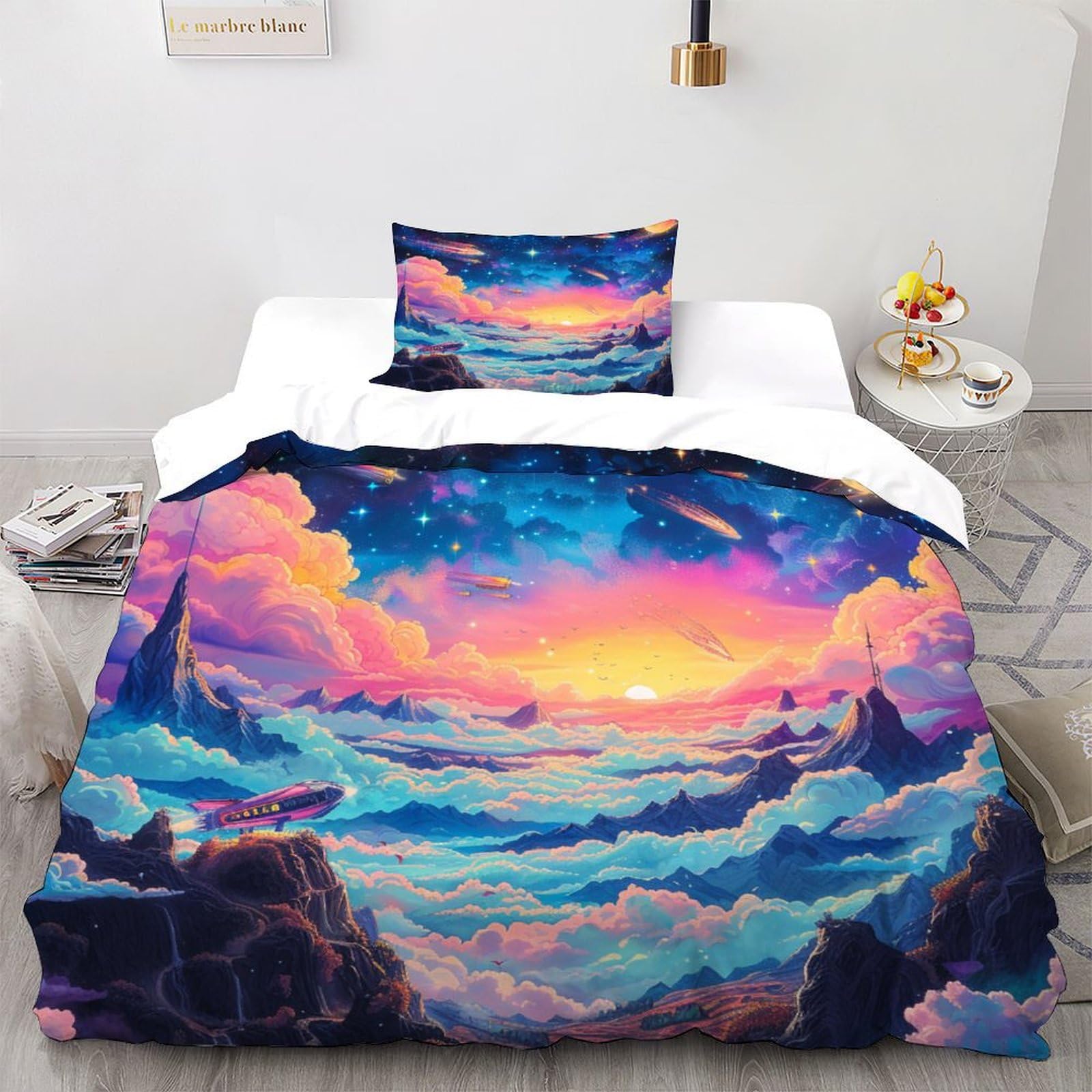 Housse de couette astro 135x200cm avec 2 taies d'oreiller cosmiques en microfibre pour lit simple