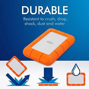 Lacie Rugged Mini 2 TB taşınabilir harici sabit disk, 2,5 inç, PC ve Mac, USB-C w/o USB-A kablosu dahil, 2 yıl kurtarma hizmeti dahil, model no: LAC9000298