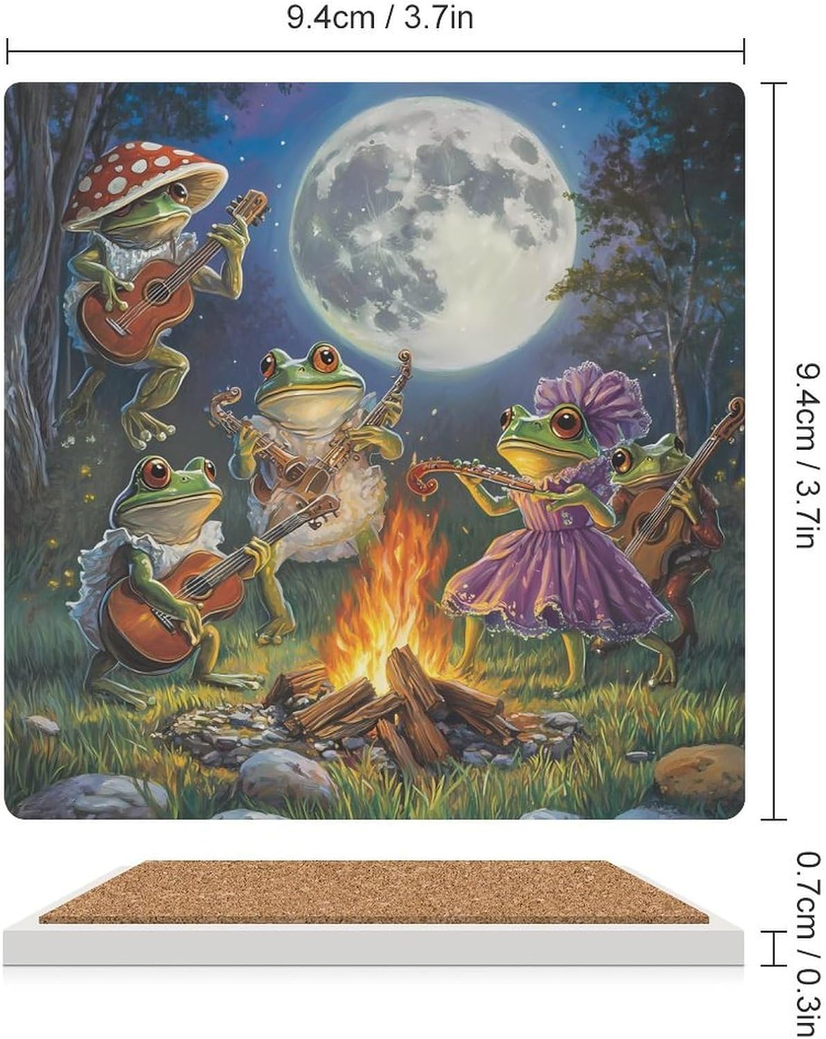 Frog Bonfire Party Under The Moon Coasters for Drinks Square Ceramic Coasters Cup Mats with Cork Base