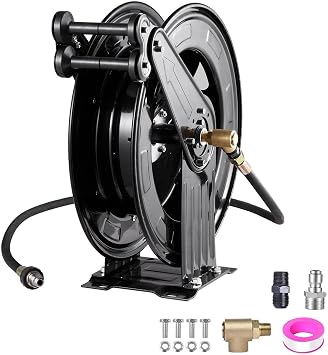 Pressure Washer Hose Reel, Steel Double Arm 3/8" X 50 FT Automatic Retractable Power Washs Hose Reels, Heavy Duty Hoses Reels 4000 PSI, 360 Swivel Joint Without 50FT Inlet Hoses For Air/Oil/Water