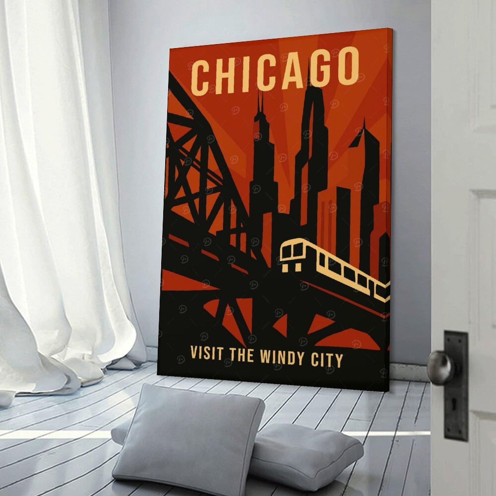 Junmoney Chicago Vintage Travel Canvas Wall Picture, 20x30inch(50x75cm), for Bedroom Walls, Guest Spaces Or Lounges, Stylish Decor for A Restful Room Update