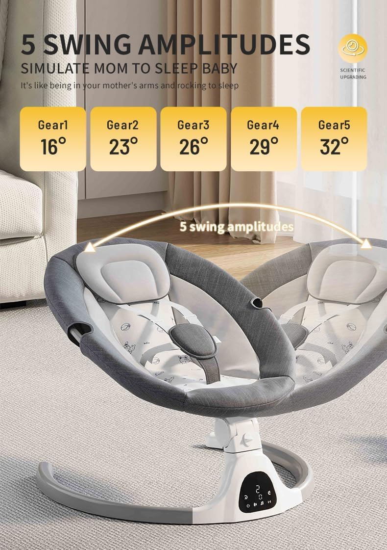 Ajustable Altura Baby Swings Bluetooth, altavoz de música de 5 velocidades con 12 canciones de cuna preestablecidas, control remoto para bebés de 5 a 20 meses, juegos de regalo para bebés (gris)