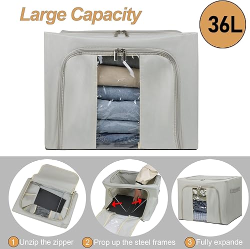 Miniatura 2 de Contenedores de almacenamiento de ropa de 36 L con marco de metal, 3 cajas apilables de almacenamiento de ropa con tapas, plegables de tela Oxford,