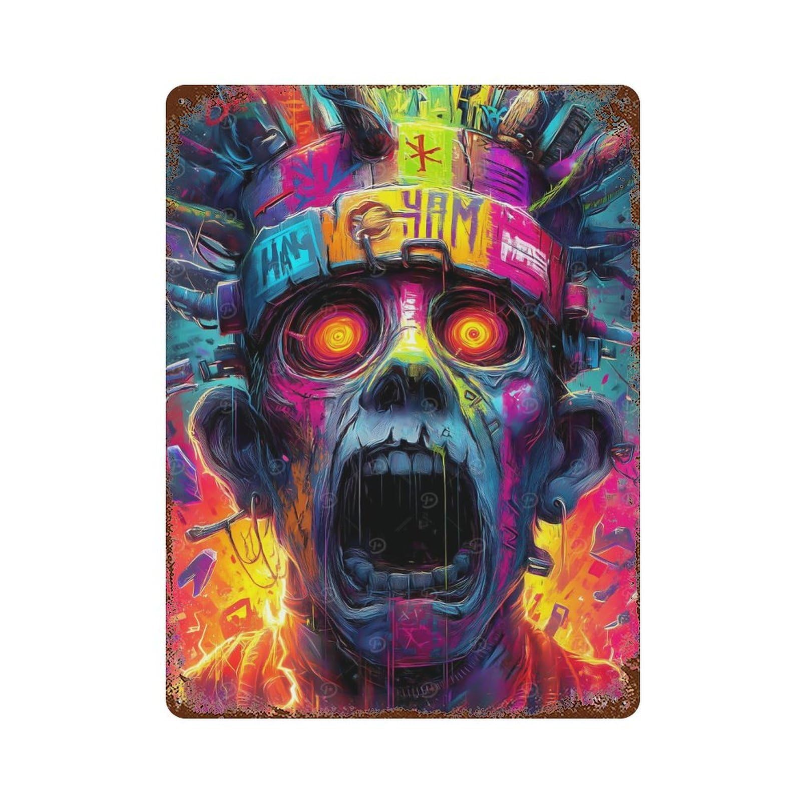Scream of Neon Shadows – Expressionist Nightmare Aged Metal Wall Plaque 15.7"x11.8", for Pub, Kitchen And Man Cave Decor, Decorative Metal Wall Art
