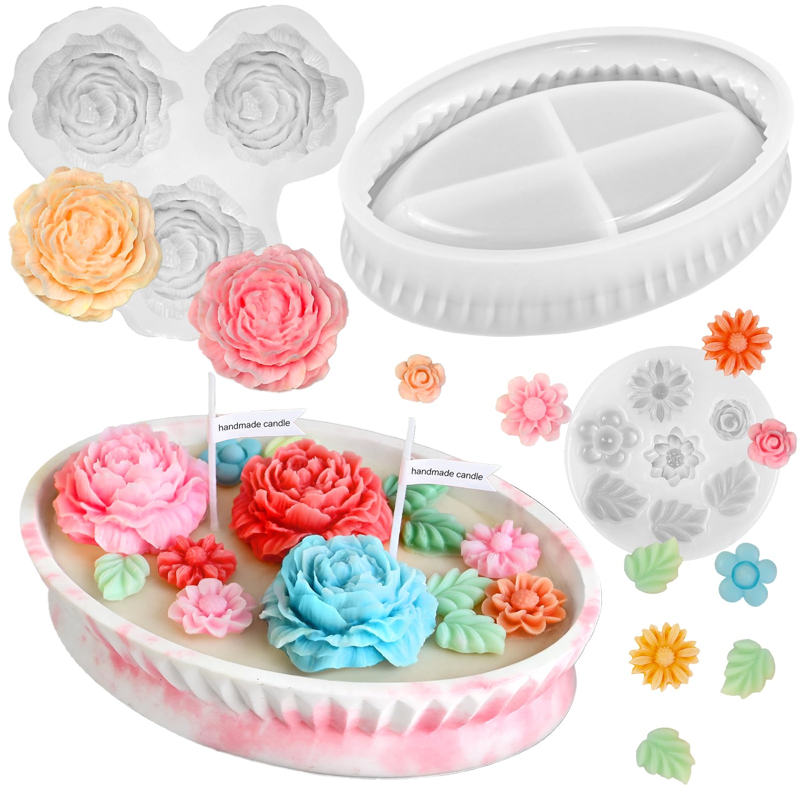 3-pak foremek do świec kwiatowych i silikonowych foremek do świec, 3D, piwonia, z eliptycznymi pojemnikami na świece, do aromaterapii, mydła, żywicy, ręcznie robionych prezentów