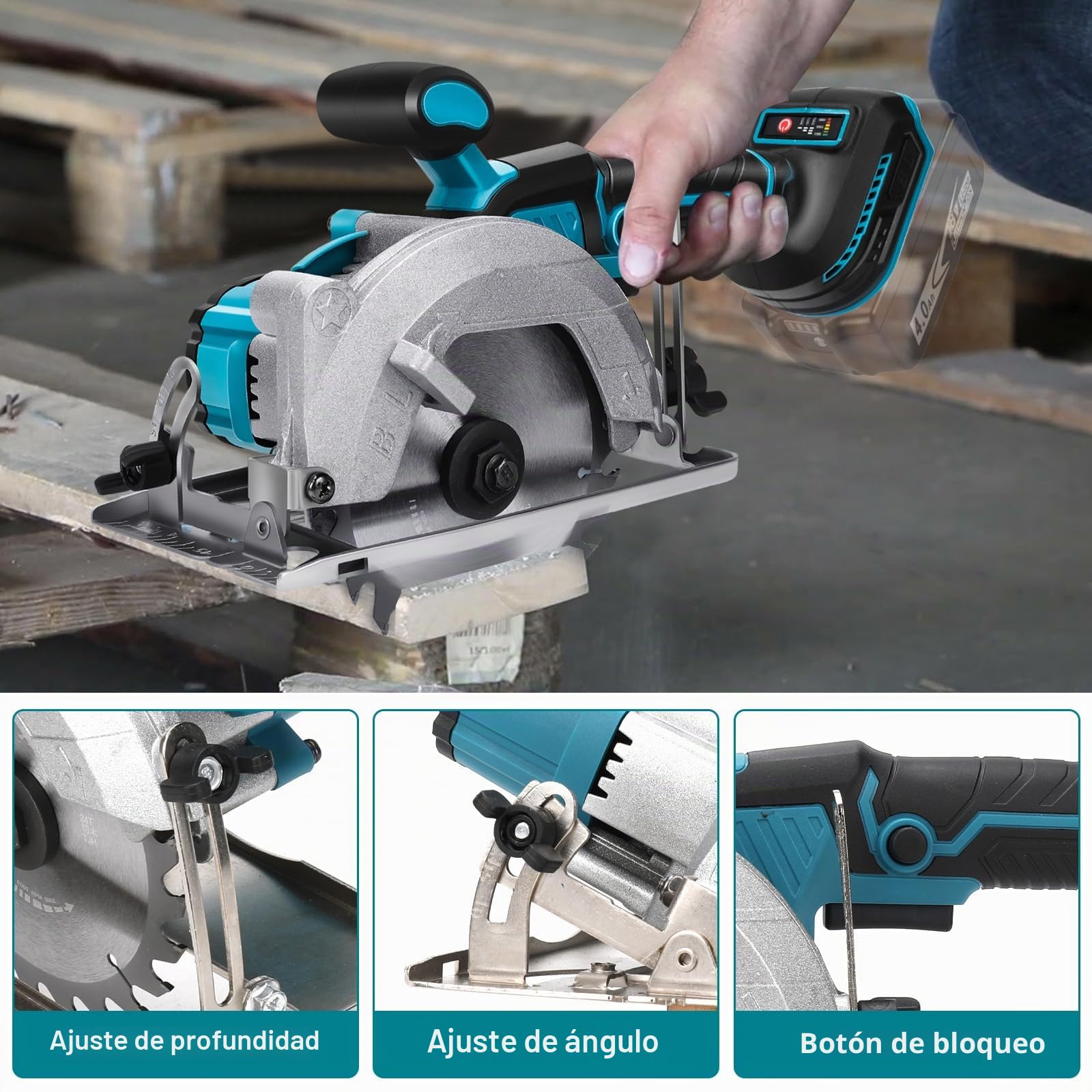 Sierra circular inalámbrica compatible con batería de litio Makita de 18 V, mini sierra circular sin escobillas con 2 hojas de sierra (140 mm), con corte diagonal, 6200 RPM, ideal para cortar madera