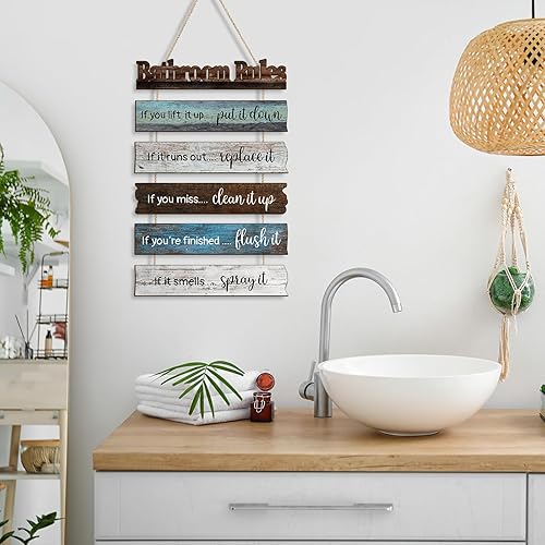 Miniatura 4 de Reglas de baño, decoración de pared rústica de madera, arte de pared divertido para baño, letreros de baño, decoración para colgar para casa de