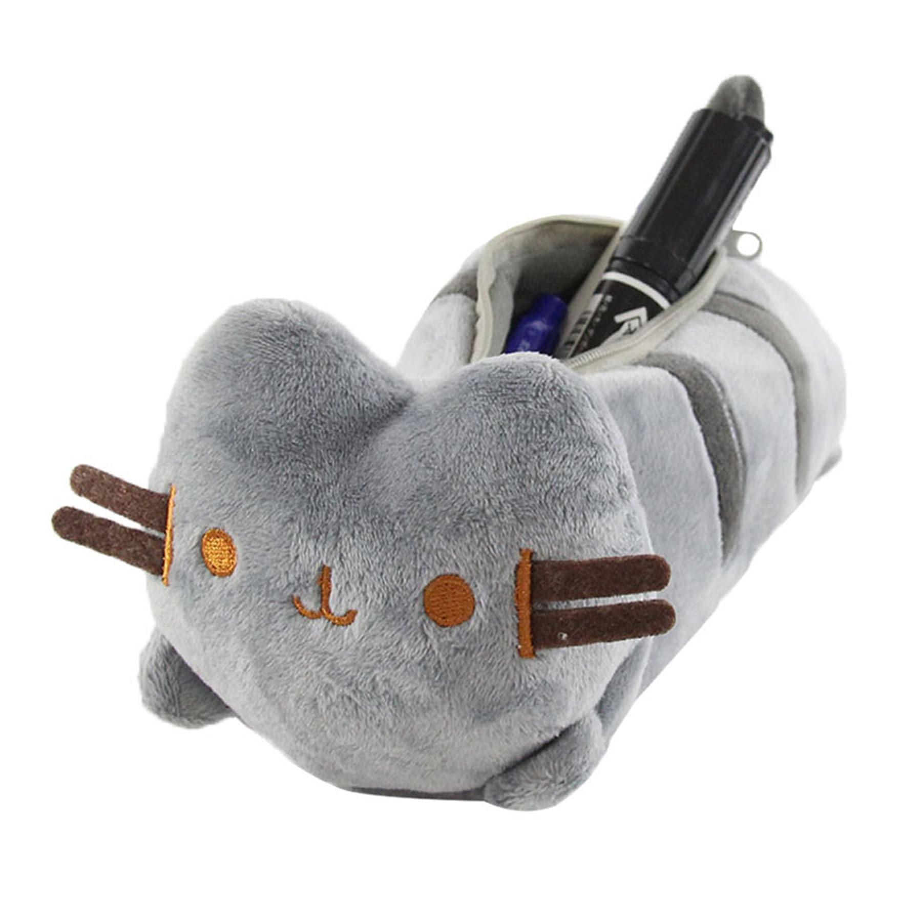 MOYAGA Cat Pencil Case - Cute Grey Animal Pencil Case, Large Plush Pen Pouch Stationery Storage, 24 x 8 x 8 cm