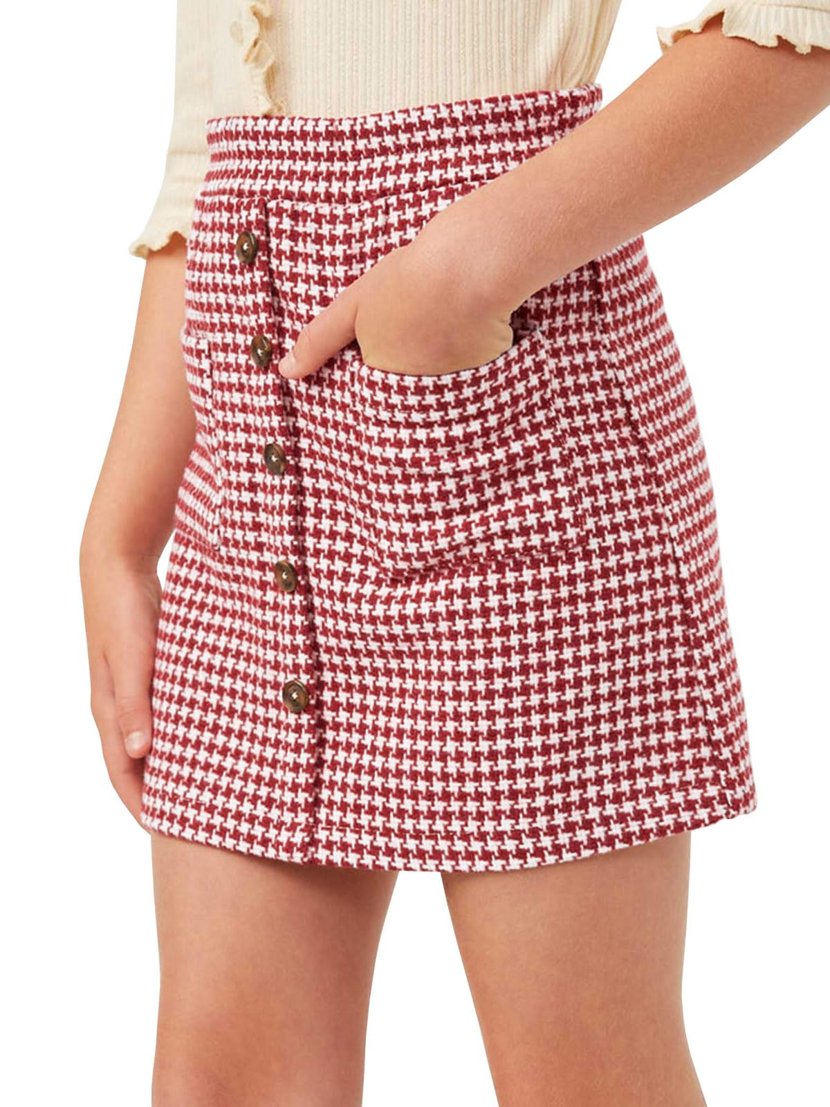 Haloumoning Minifalda para niñas de 5 a 14 años con botones | Bolsillo frontal, botones, tweed, faldas a cuadros para niñas