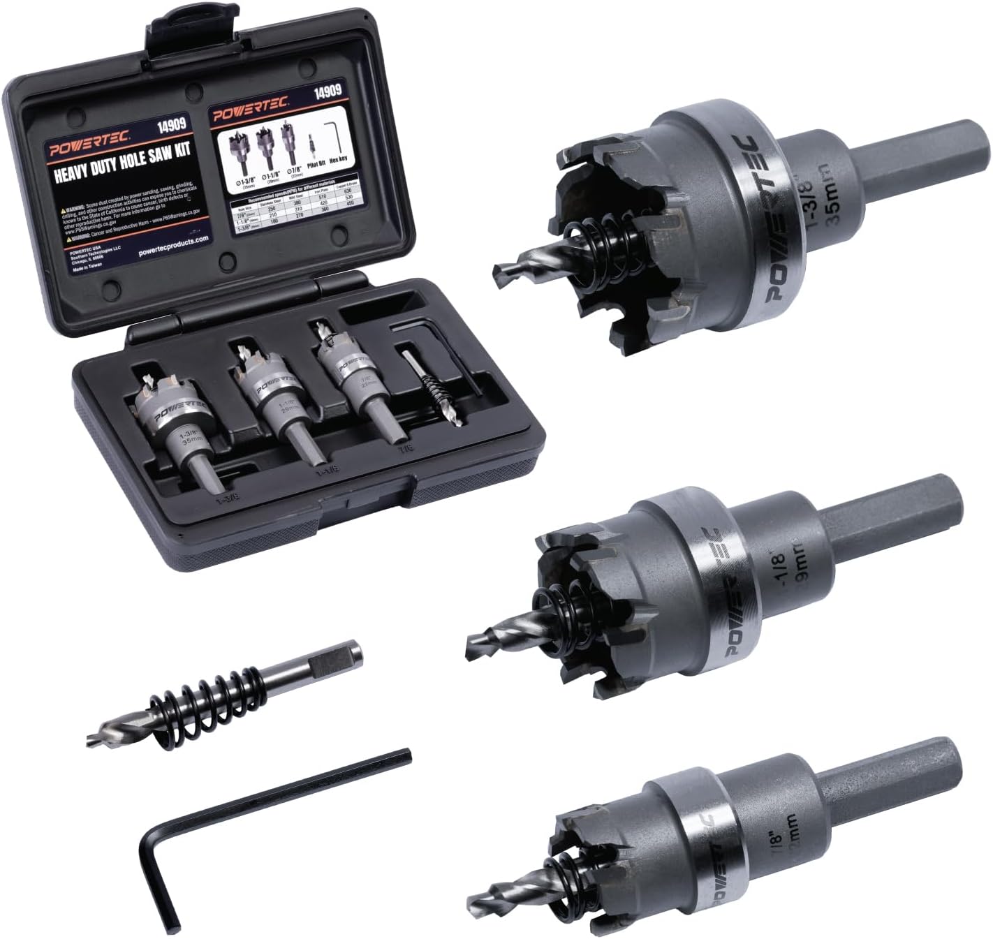 POWERTEC Heavy-Duty Tungsten Carbide Hole Saw 3PC Kit with Spring-Loaded Pilot Drill Bit – Includes 7/8", 1-1/8", 1-3/8" Cutters, Extra Pilot Bit, Allen Key, and Molded Carrying Case (14909)