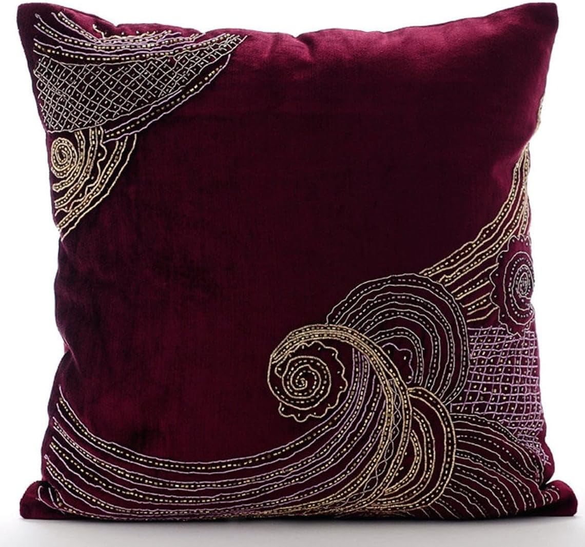 The HomeCentric Purple Pillow Shams, Zardozi Sparkly Glitter Pillow Shams, 24x24 inch (60x60 cm) Pillow Shams, Square Velvet Pillow Shams, Floral Pillow Shams, Traditional Easter - Zardozi Waves