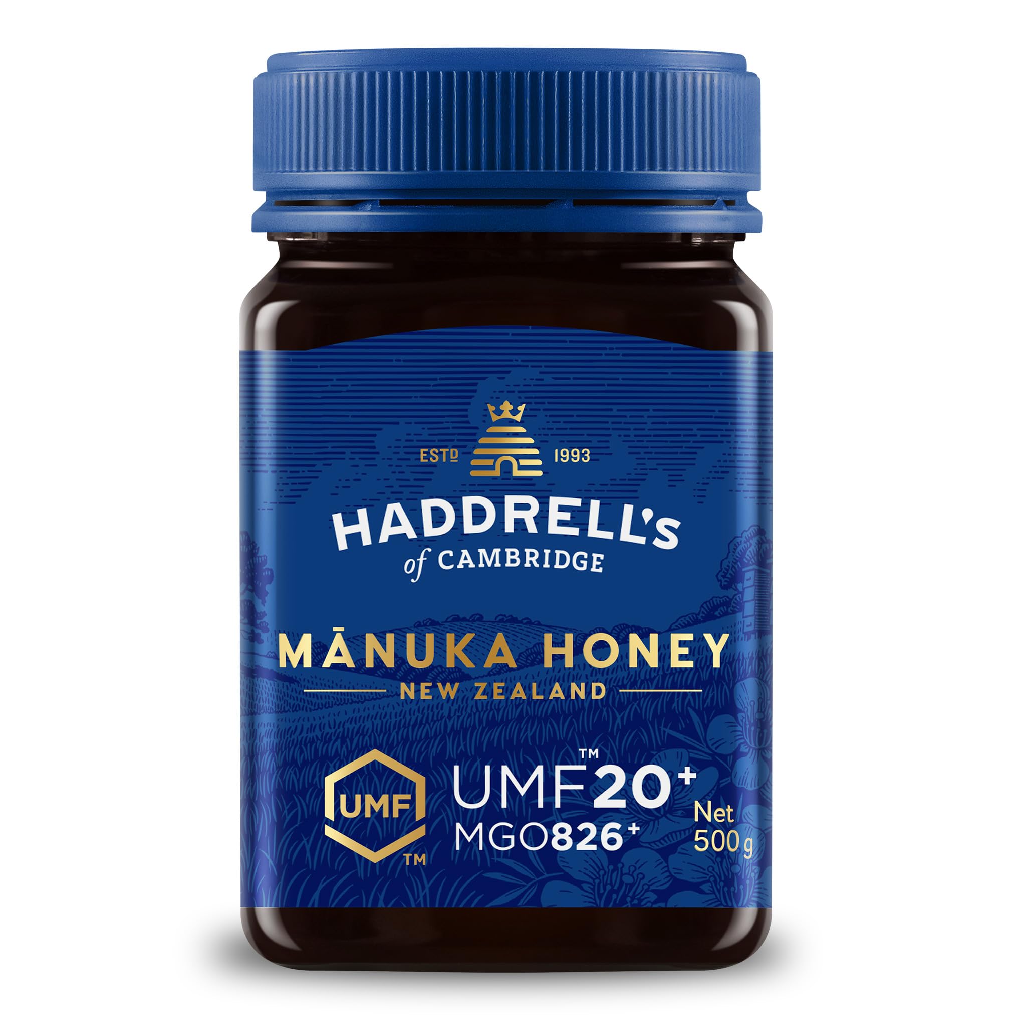 Haddrells of Cambridge Miel de Manuka MGO 800+ (UMF 20+) 500g - Miel certificada de Nueva Zelanda - Rica en metilglioxal - Sostenible, cruda y con un alto contenido en MGO