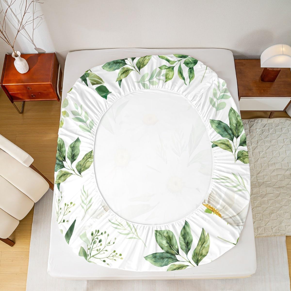 Rustic Daisy Fitted Sheet Queen for Boys Kids Teens Bedroom,White Green Plants Bedding Set(No Top Sheet),Spring Garden Floral Bed Sheets,Farmhouse Style Bed Cover,2 Pillowcases