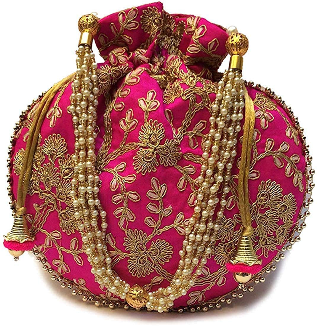 Home Auzar Potli | Wristlets Ethnic Potli For Women's | Designer Rajasthani Style Royal Clutch Silk Batwa Bag | Zari Work Potli | Bridal Potli | Potli Bags (Light Pink)