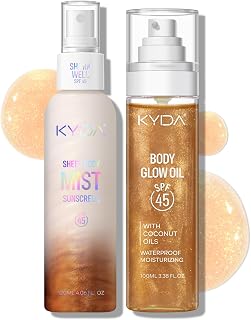 KYDA Glow Sunscreen Kit, Includes SPF 45 Body Glow Oil + Sheer Body Sunscreen Spray, Summer Beach Essentials Gift Set, Water Resistant, Moisturizing, AMBER