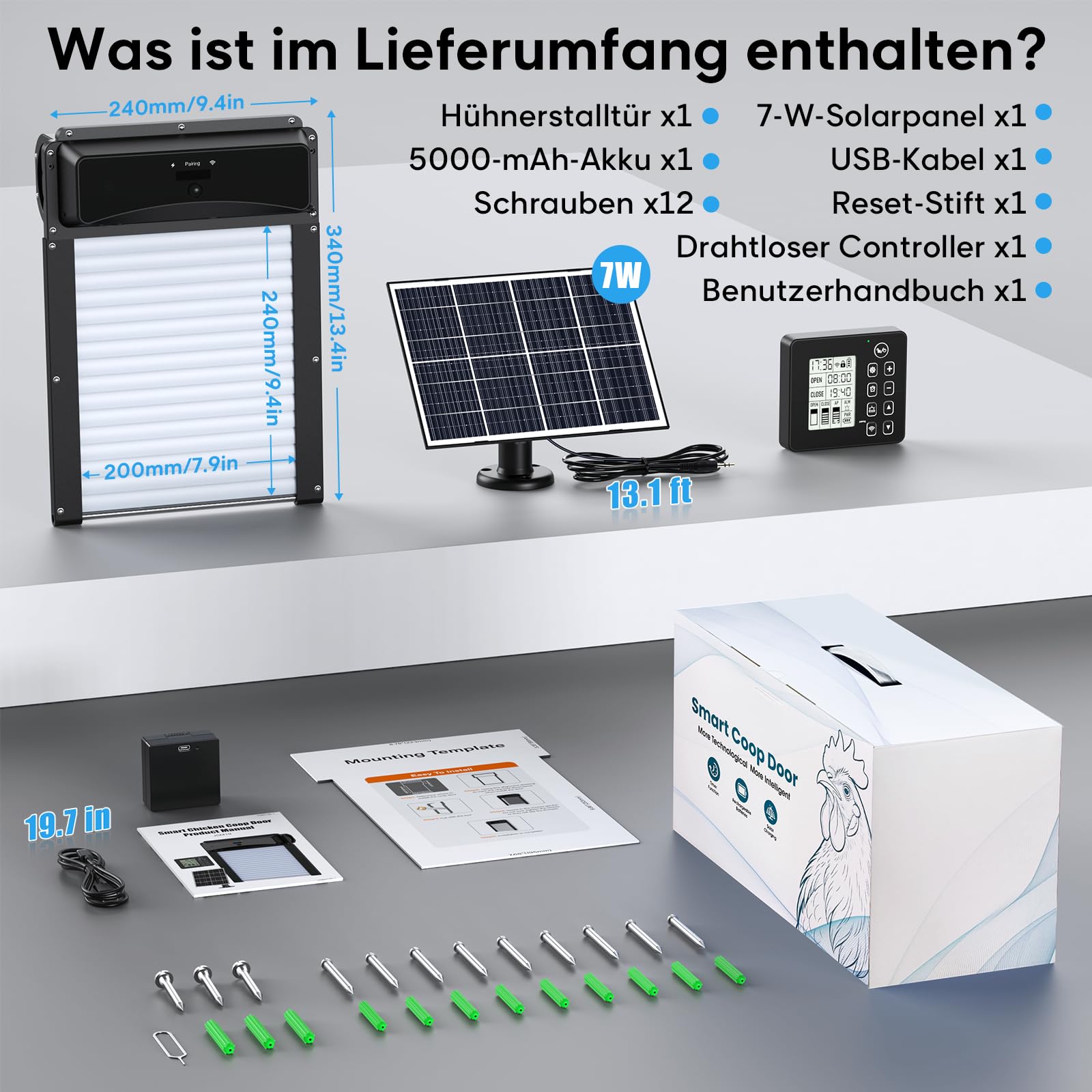 Automatische Hühnerklappe Solar mit 120 m Funkfernbedienung, Hühnerklappe Automatisch Rolltür mit 120° Bewegungserkennung, Timer, Intelligenter Einklemmschutz Elektrische Hühnertür