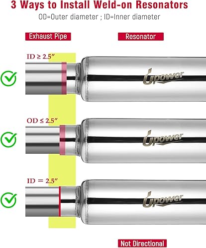Miniatura 3 de UPOWER Resonador de escape de entrada y salida de 2.5 pulgadas, silenciador de acero inoxidable recto de 16 pulgadas de longitud total, pulido