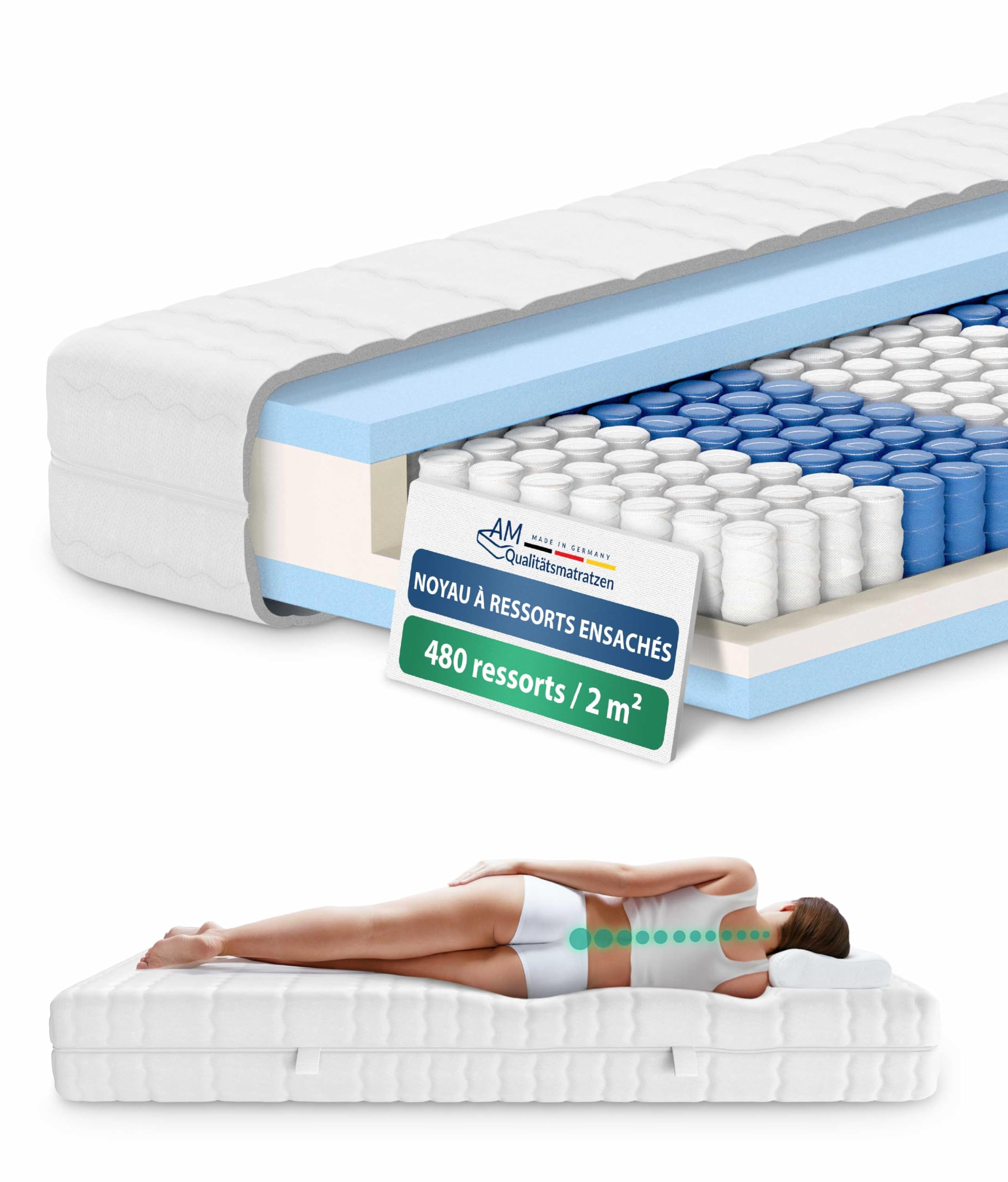 AM Qualitätsmatratzen - Matelas à Ressorts ensachés 90 x 190 avec 7 Zones de Confort - Housse Amovible et Lavable - Matelas 90x190 cm 20 cm epaisseur – Oeko-TEX - équilibré