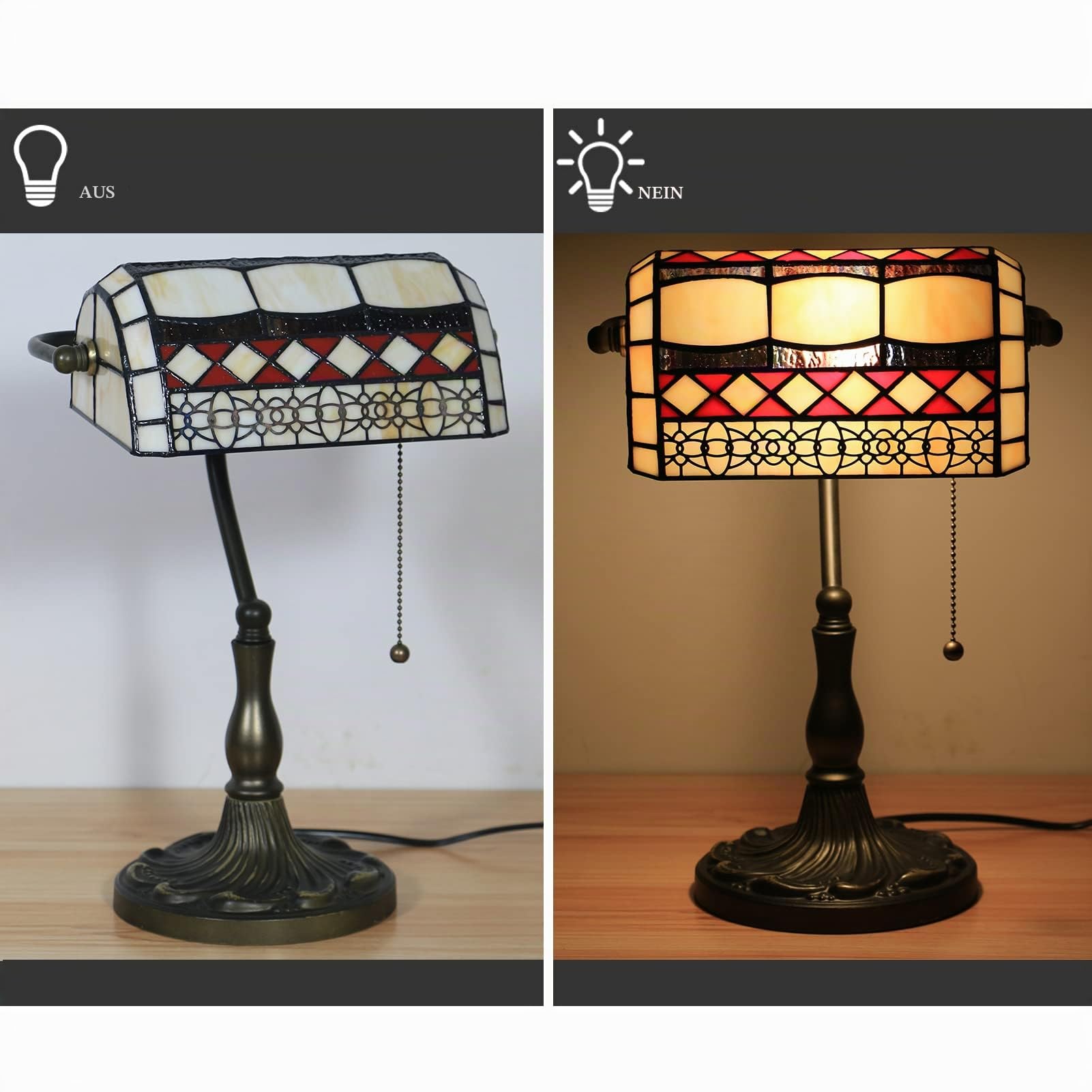 Klassische Bankerlampe, Retro, Tiffany tischlampe, tischlampe mit zugschalter, Lampenschirm Glas, Tischleuchte Für Büro, Nachttischlampe,G