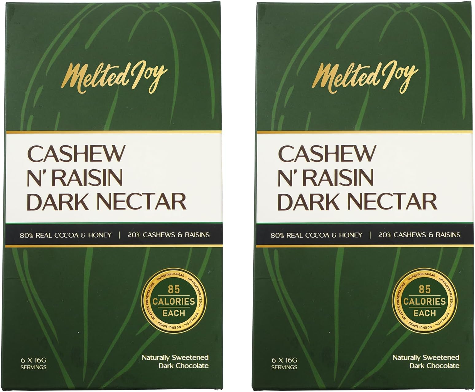 Melted Joy Cashew N'Raisin Dark Nectar | 85 Calorie Dark Chocolate Squares – Portion Sized for Fat Loss | Naturally Sweetened with Honey | Pack of 6 (Set of 2)
