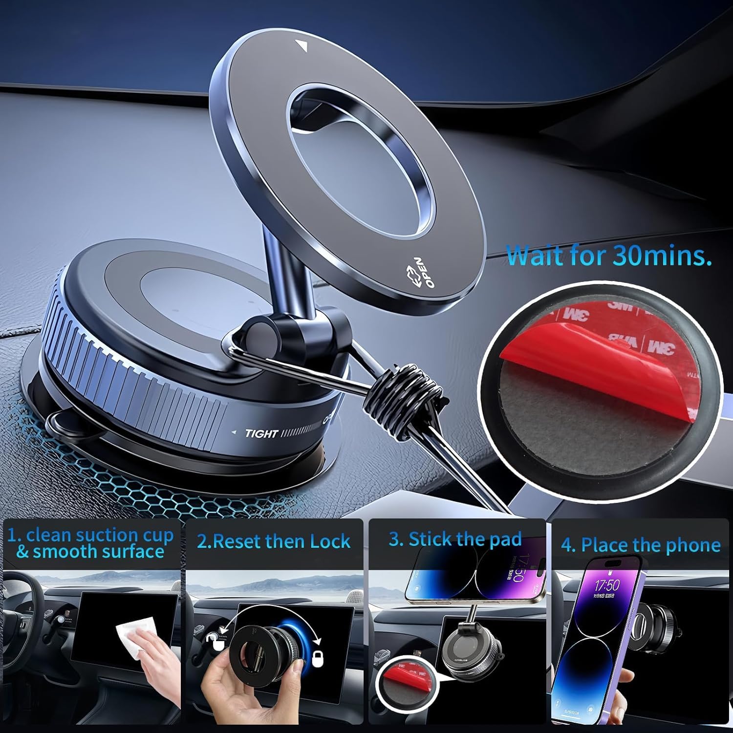 bokilino 360° Rotatable Magnetic Phone Holder with Vacuum Suction, Foldable Dashboard Mobile Stand for Car, Desk & Wall, Reusable Strong Suction Mount Compatible with iPhone & All Smartphones — Amazon image 6