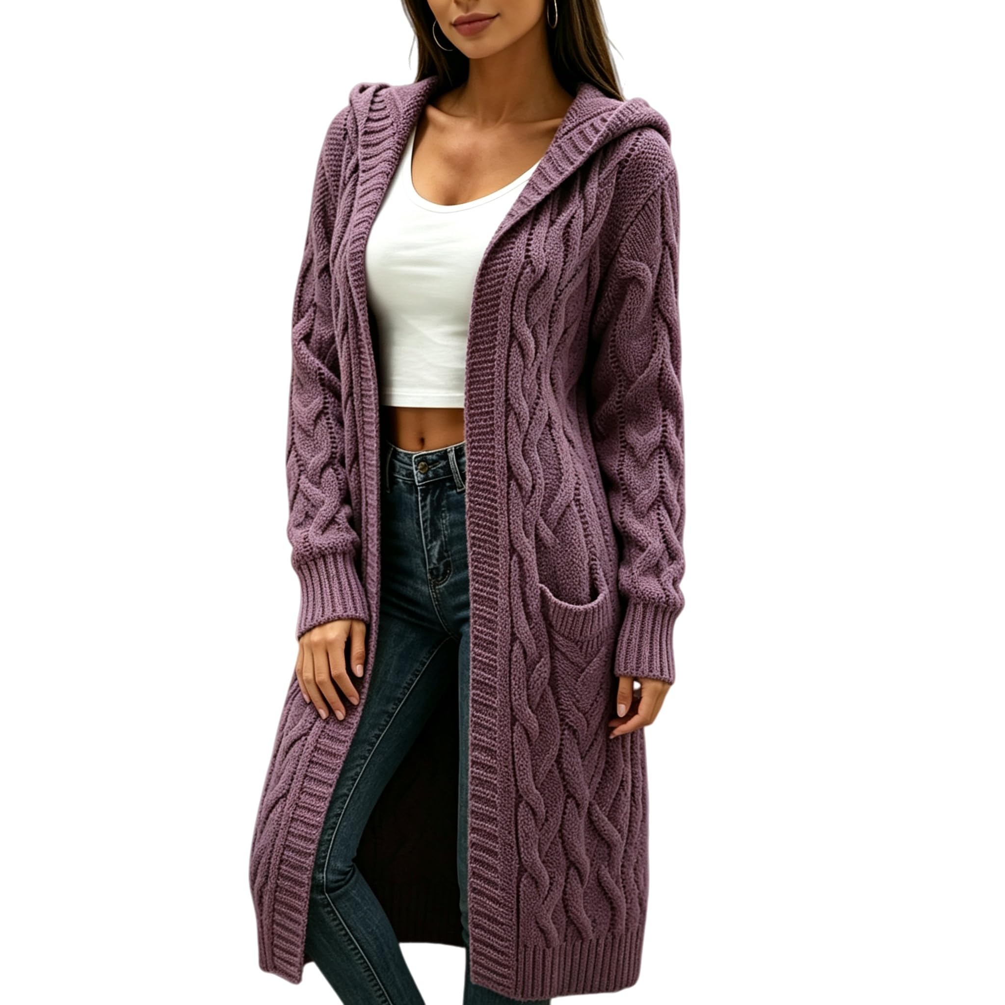 Cardigan Lungo da Donna con Cappuccio E Tasche Maglione A Maniche Lunghe in Maglia Grossa Cappotto Elegante per Autunno/Inverno Giacca di Transizione Capospalla Casual per Tutti I Giorni.