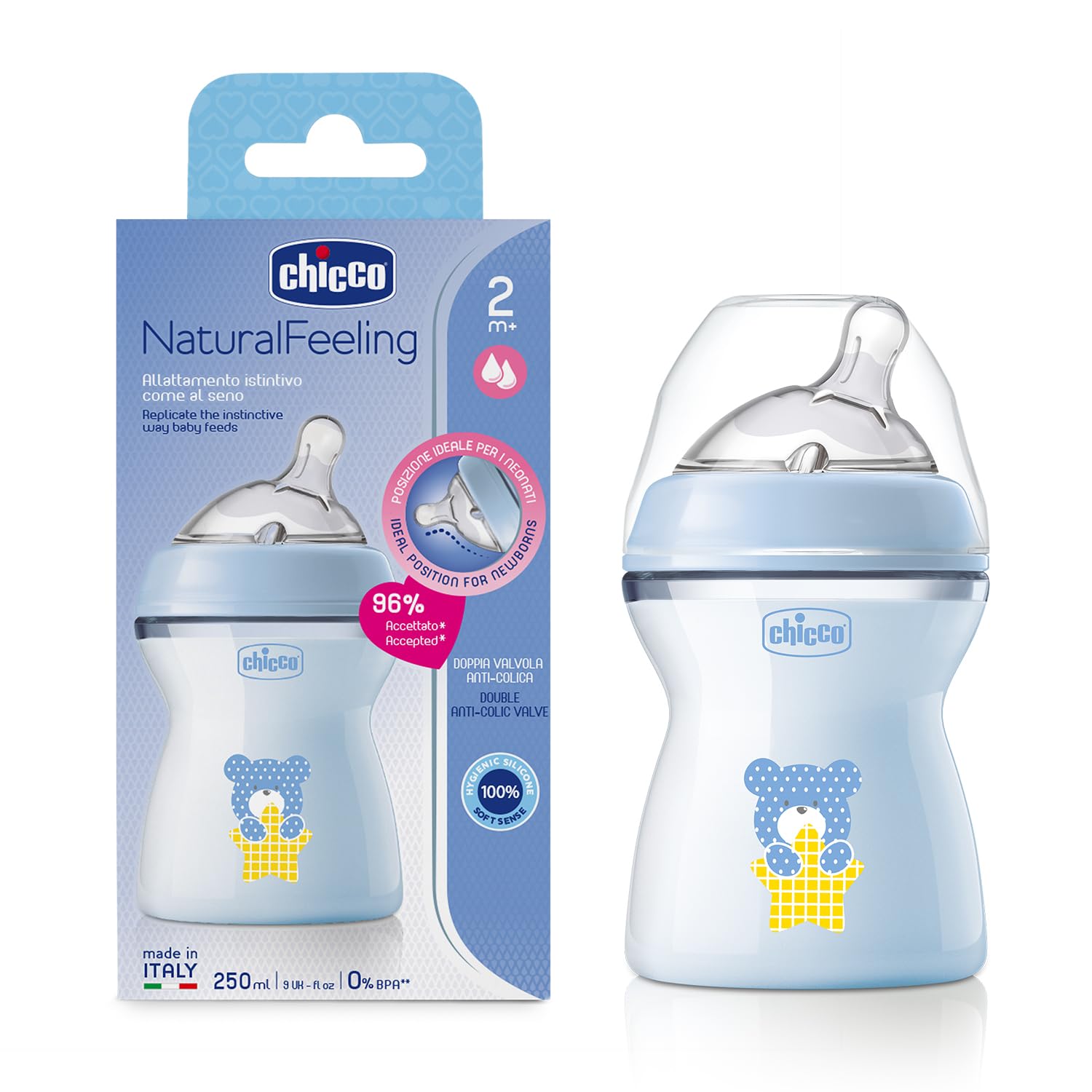 Chicco Natural Feeling Feeding Bottle for Babies, 250ml (2+ Months) |Mother Breast Like Teat| Soft Silicon, Anti-Colic Teat | Angled Teat Suitable for Newborns | with Anti-Drip Cap | BPA Free (Blue)-picture-18