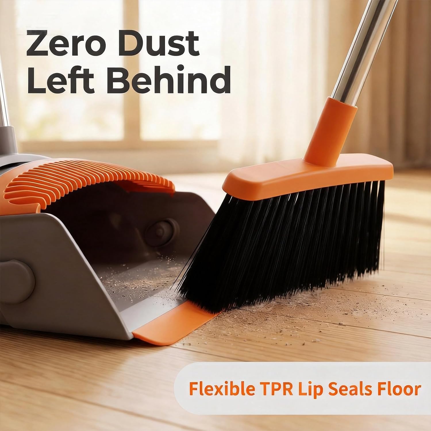 Broom with Standing Dustpan Combo Set, 52" Long Handle Self-Cleaning Teeth, 5-Row Stiff Bristles Angled Head, TPR Rubber Lip for Kitchen Pet Hair Sweeping Indoor Outdoor