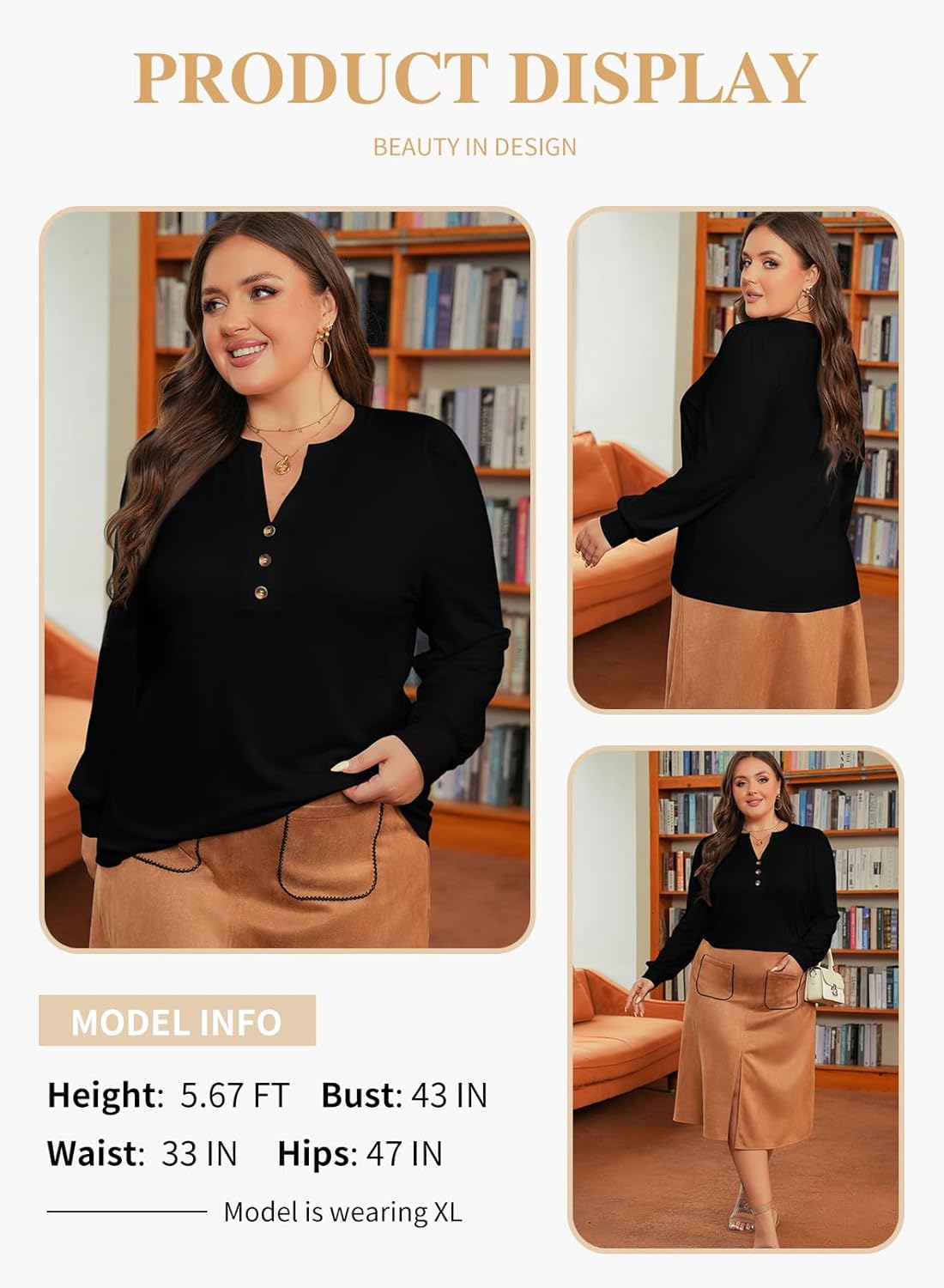 Eytino Womens Plus Size Tops Henley V Neck Long Sleeve Casual Shirts Button Front Loose Fit T Shirt(1X-5X) - Image 3