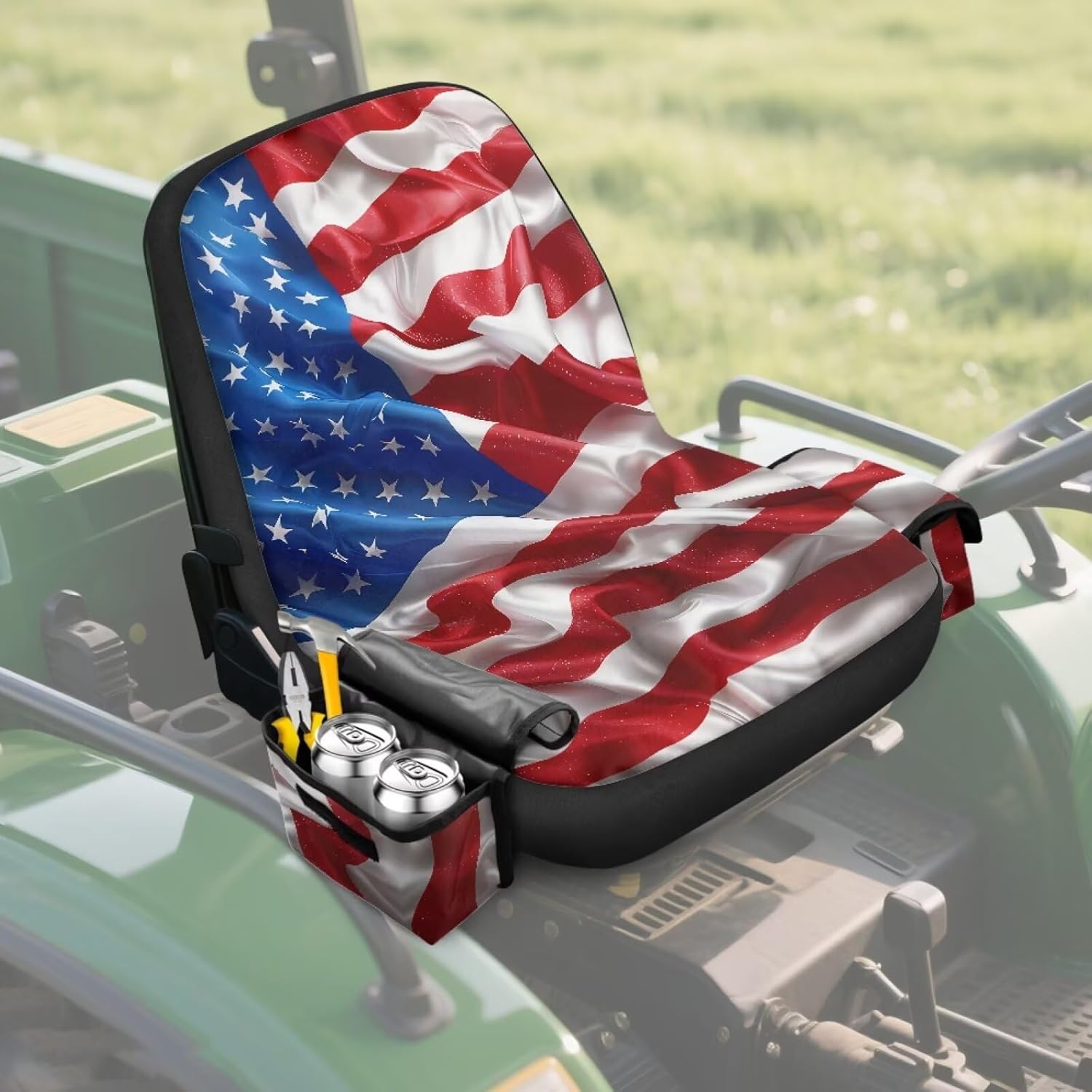 Pensura Riding Lawn Mower Seat Cover with Storage Bags, Weatherproof 3D American Flag Tractor Seat Cover Cushion Suitable for Most Mowers, Forklifts, Tractors, Heat Resistance
